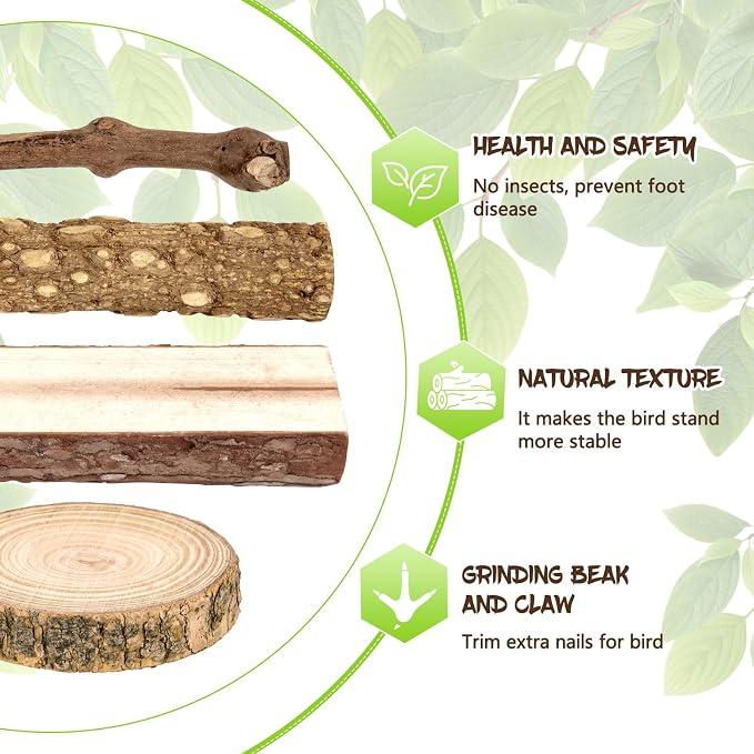 8 Pcs Natural Grape Wood Bird Perch & Platform Set for Cages | Ideal for Small/Medium Birds (Budgies, Conures) | Bark Textures for Foot Health | Tool-Free Wing-Nut | Safe Chewing