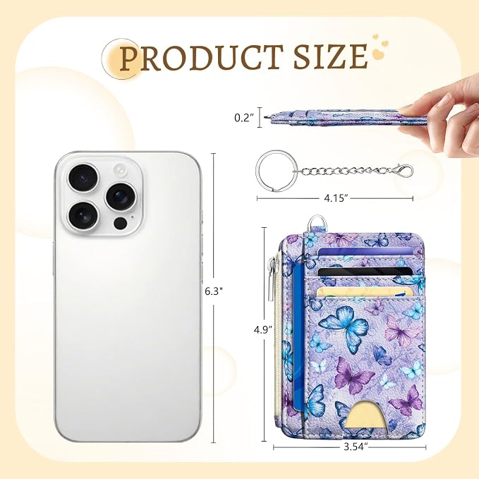 Kelvoris Credit Card Holder Small Wallet Women, Slim RFID, Butterfly | Keychain, Zipper Coin Pocket, Front Pocket Thin Travel Card Case, Minimalist, 6 Card Slots, 1 ID Window, Ladies Gifts Woman