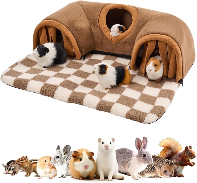 Avont Guinea Pig Tunnel, Small Animal Hideaway Tube Toy | Cozy Plush Tunnel for Guinea Pigs and Small Pets with Non-Slip Bottom and 2-In-1 Design in Large Size Brown