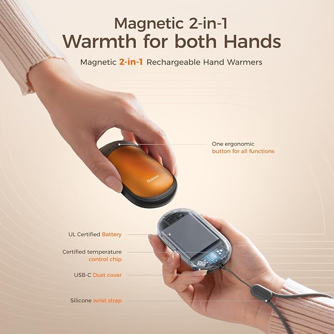 OCOOPA Magnetic Hand Warmers Rechargeable 2 Pack, UL Safety Heat 100-126°F, 3-Settings, Pocket-Sized, Max. 8 Hrs Long Lasting,Great for Raynauds, Golf, Hunting, Camping, Gifts for Men Women, UT3 Lite