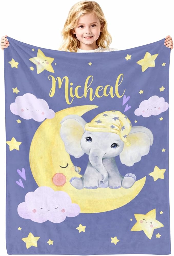 Personalized Baby Blanket with Name, Customized Soft Animals Flannel Blankets for Newborn Boys Girls and Toddlers, for New Mom, Infant Birthday Gift, Elephant-1