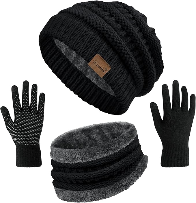 Loritta 3 Pieces Winter Hats for Women Scarf Touch Screen Gloves Set Thick Warm Fleece Lined Beanie Hat Gifts