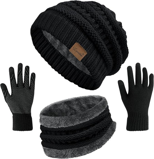 Loritta 3 Pieces Winter Hats for Women Scarf Touch Screen Gloves Set Thick Warm Fleece Lined Beanie Hat Gifts