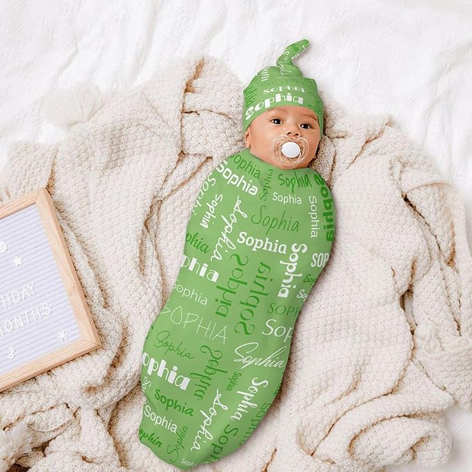 Personalized Baby Swaddle Blanket for Boys Girls Name Lettering Green Custom Name Receiving Blanket with Cap for Newborn Girls and Boys Soft Sleeping Sack