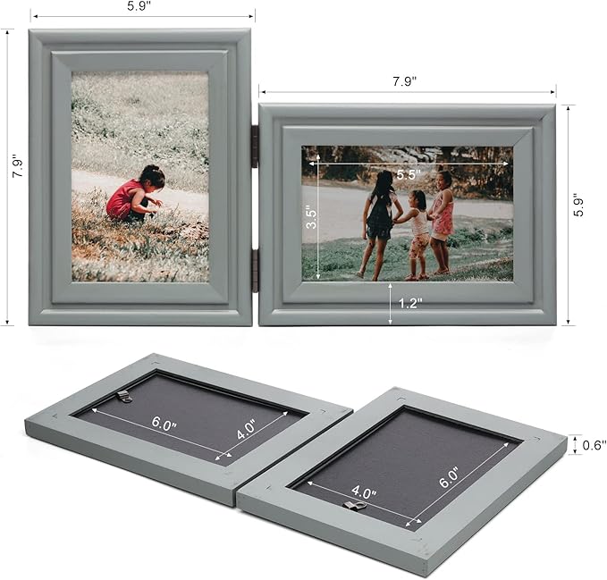 Vertical & Horizontal 4X6 Picture Frames Double Hinged Wood Folding Photo Frames with Real Glass Front Fit for Desktop or Tabletop, Gray XHUI-V46-H64