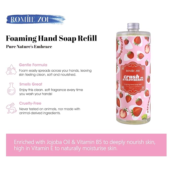 ROMIIE ZOI Foaming Hand Soap Refill, Strawberry, Gentle & Moisturizing Formula, 1000 ML/ 33.8 FL OZ