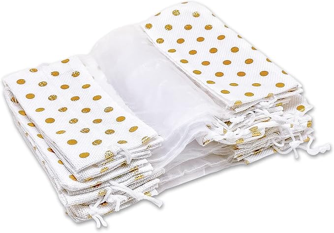 12-Pack Medium Linen Burlap & Organza Gift Bags w. Drawstrings (5x7 in, White/Gold Polka) - Party Favors, Presents, Samples & Treats Mesh Pouch by The Display Guys