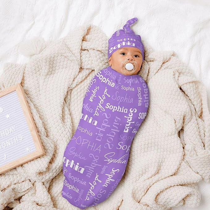 Newborn Swaddle Blankets Hat Name Lettering Purple Sets Soft Baby Receiving Blanket Swaddle Sack for Baby Shower Infant Boy Girl Gift