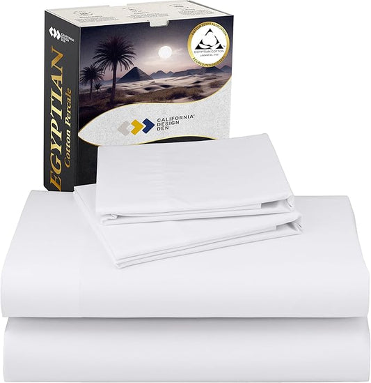 California Design Den Certified 100% Egyptian Cotton Full Size Sheets Set - Lightweight & Crisp Percale Cotton Sheets Full with Deep Pockets, Cool & Durable Luxury Bedding Set - White