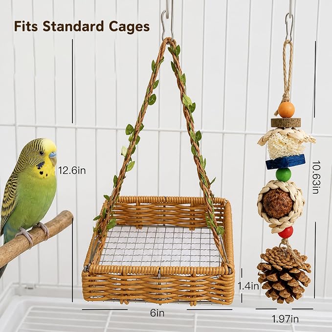 Bird Toys, Natural Parrot Chew Toy with Hanging Foraging Basket Hammock, Bird Shredding Foraging Toys for Parakeet Cockatiel Conure Cage Accessories