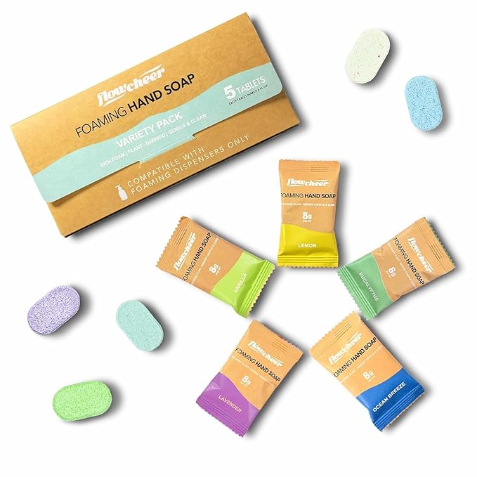Foaming Hand Soap Tablet Refills-5 Sample Pack Hand Wash Tablets, Zero Waste Eco Friendly Cleaning Supplies-Fills 5 X 9 fl oz Refillable Foam Dispenser(45 Fl oz total)