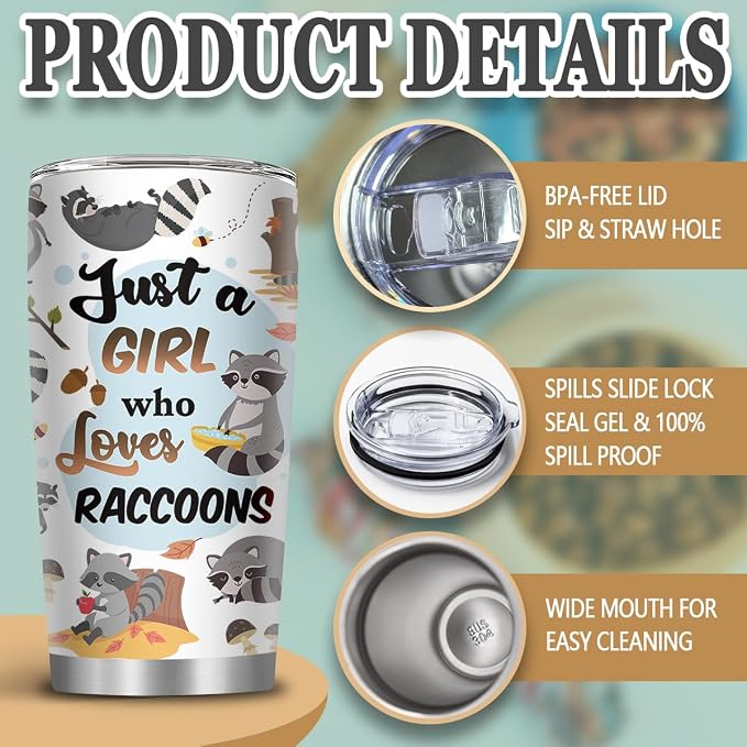 Raccoon Gifts for Women, 20oz Stainless Steel Raccoon Tumbler, Raccoons Mug for Women Sister Bestie Lover Thanksgiving Christmas Birthday Gift, Raccoon Cup with Straw, 1 PCS