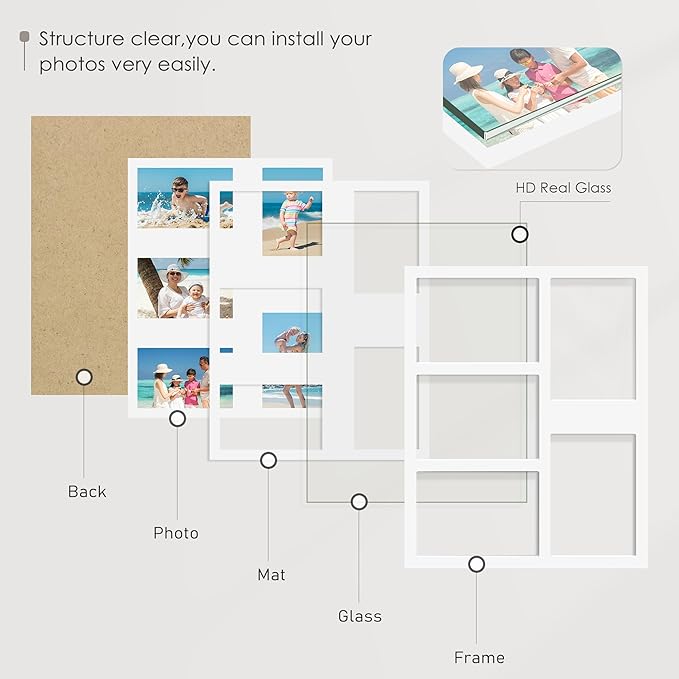 5x7 Picture Frame Collage Holds 5 Photos Made of High Definition Glass, Mat for Display 4x6 Picture Frame Collage Photo for Wall Decor White