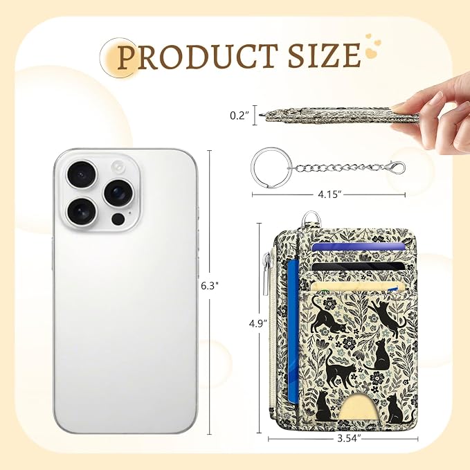Kelvoris Credit Card Holder Small Wallet Women, Slim RFID, Black Cat | Keychain, Zipper Coin Pocket, Front Pocket Thin Travel Card Case, Minimalist, 6 Card Slots, 1 ID Window, Ladies Gifts Woman