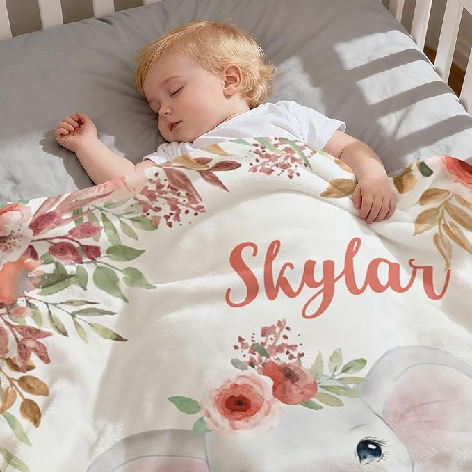 Personalized Baby Blanket with Name, Customized Soft Animals Flannel Blankets for Newborn Boys Girls and Toddlers, for New Mom, Infant Birthday Gift, Elephant-4
