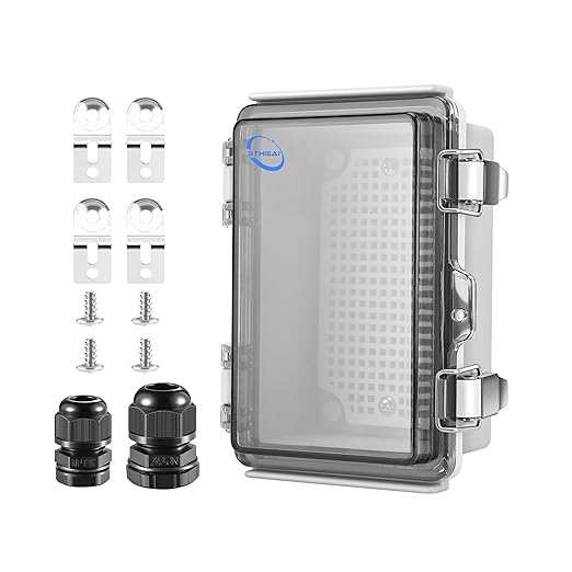 Waterproof Outdoor IP67 Junction Box (5.9"x3.9"x2.8") with Mounting Plate, Hinged Clear Cover and Wall Brackets - Weatherproof ABS Plastic Electrical Enclosure for DIY Projects (150x100x70mm)