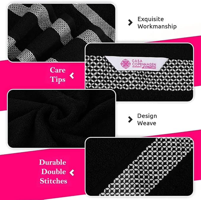 CASA COPENHAGEN Solitaire Designed in Denmark 600 GSM Hotel & Spa Decorative Kitchen & Bathroom Egyptian Cotton 6 Piece Towel Set, Includes 2 Bath Towels 2 Hand Towels 2 Washcloths – Dark Black