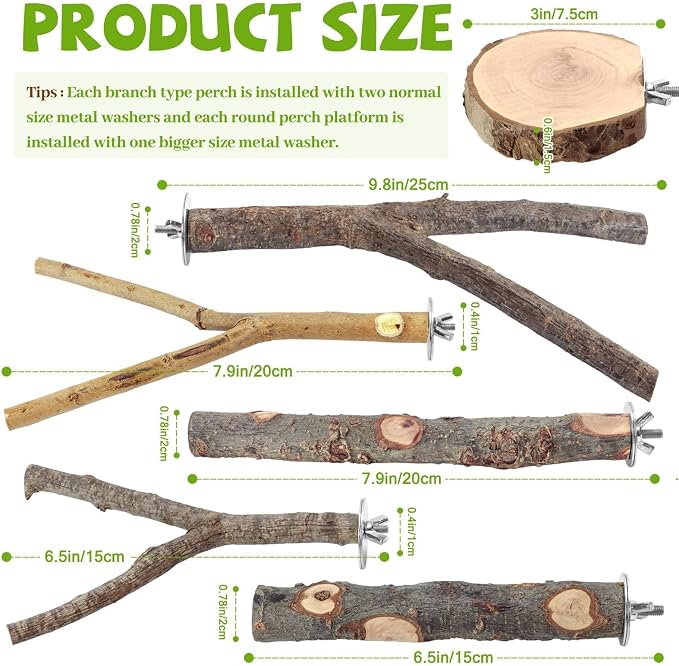 12 Pcs Natural Wood Bird Perch Stand & Platform Set for Cages | Ideal for Small/Medium Birds (Budgies, Conures) | Bark Textures for Foot Health | Tool-Free Wing-Nut | Safe Chewing
