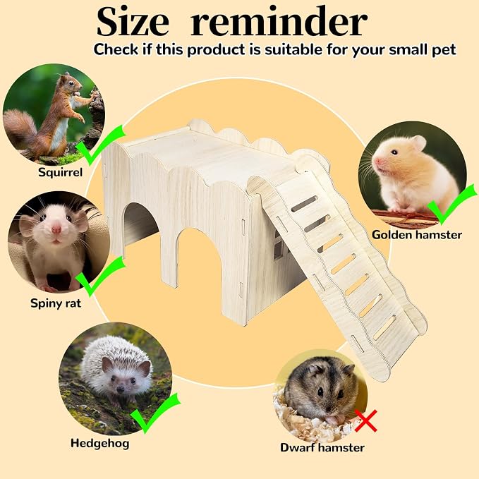 2 PCS Wooden Hamster Hideout Multi-Chamber Tunnel Hamster House Hiding Maze Platform Stuff Exploring Toy Cage Accessories for Gerbil Rat Mice