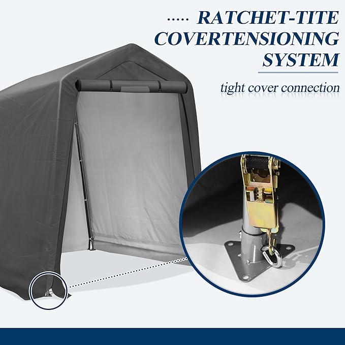COVERONICS 6' x 7' Outdoor Storage Shed - Heavy Duty Portable Shelter Carport with Ventilation Windows and Roll-up Doors, Storage Shelter Tent for Motorcycle, Bike, Lawnmower and Garden Tools, Grey