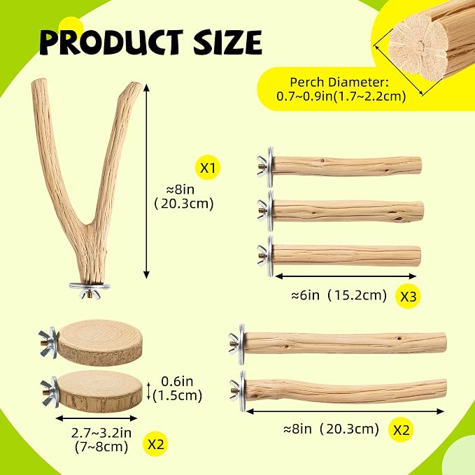 8 Pack Natural Wood Bird Perches for Cage, Perch Set