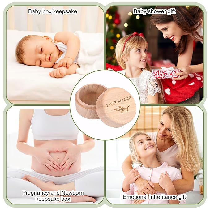 Memorial Box Engraved Wooden Round Newborn Wood Case Baby Keepsake Tooth Box Fetal Hair Memorial Storage Container Carved Baby Fetal Hair Case for Babys Shower Pregnancy Christen Gift