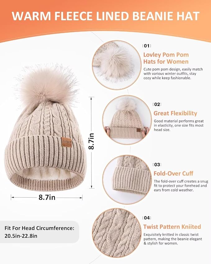 Winter Beanie Hat Scarf Gloves Set for Women, Pom Pom Beanie Fleece Lined Knit Neck Warmer Touchscreen Gloves 3 in 1 Gift Set