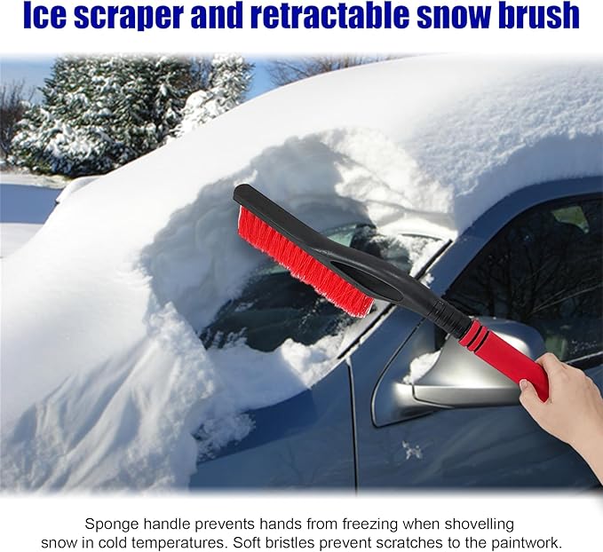 24 Inch Car Snow Scraper and Brush, Detachable Scratch Free Ice Scraper with Ergonomic Foam Grip, Universal Winter Snow Removal Tool for Car Windshield Window (Red)