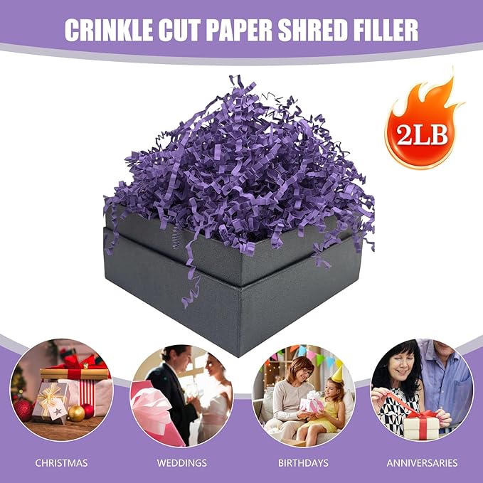 Deep Purple Crinkle Cut Paper Shred Filler, 2 LB Basket Filler Shredded Paper, Confetti Stuffing for Basket Filling, Halloween, Thanksgiving, Christmas Gift Wrapping, Stuffer Party Supplies