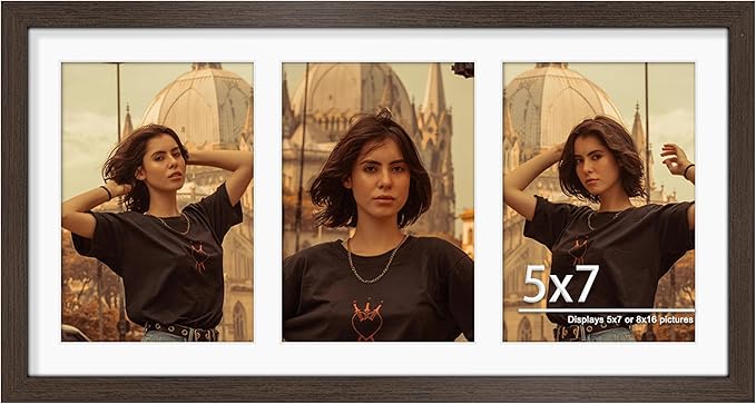 8x16 Collage Picture Frame,5x7 Collage Picture Frame Displays Three 5x7 inch Photos, or 8x16 (Without Mat) for Available Horizontal Wall Mounting Display and Vertical, Walnut.