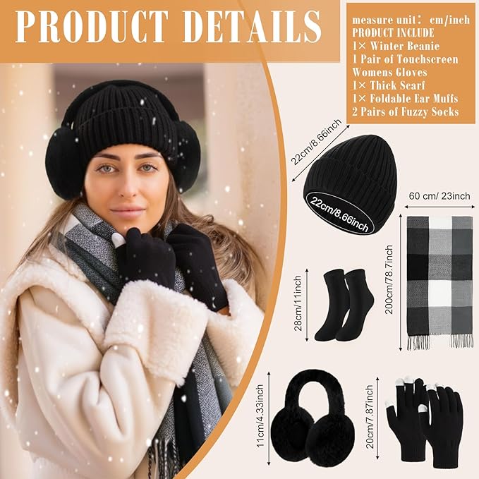 Geyoga 6 Pcs Winter Hat Scarf Gloves Set Knitted Touchscreen Gloves Plaid Scarf Earmuffs Socks Gift for Women Men