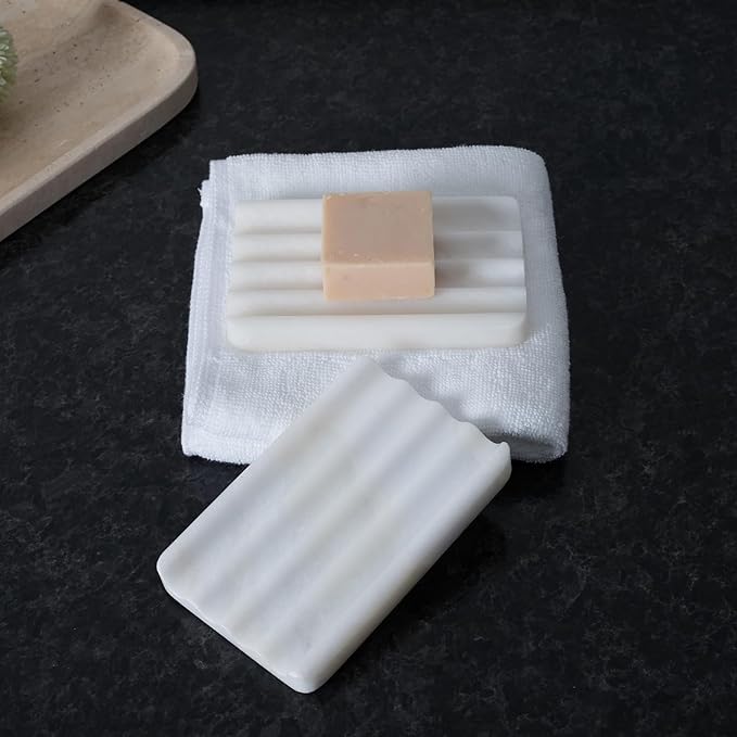 2PCS Koville African Natural Marble Soap Dish for Shower, Stone Soap Tray for Bathroom, Bar Soap Holder for Sink, Stripe Grooves Saver Keep Bars Dry Easy Clean (Namib Bianco)