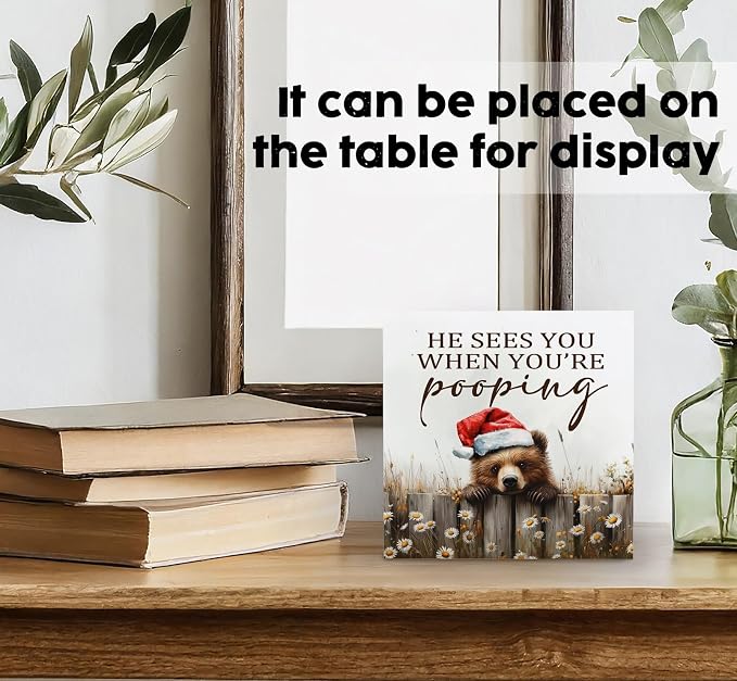Christmas Bear Home Bathroom Decor Sign - Farmhouse Western Christmas Animal Bathroom Decor,Rustic Farm Animal He Sees You When You're Pooping Signs,Bear Gifts for Women