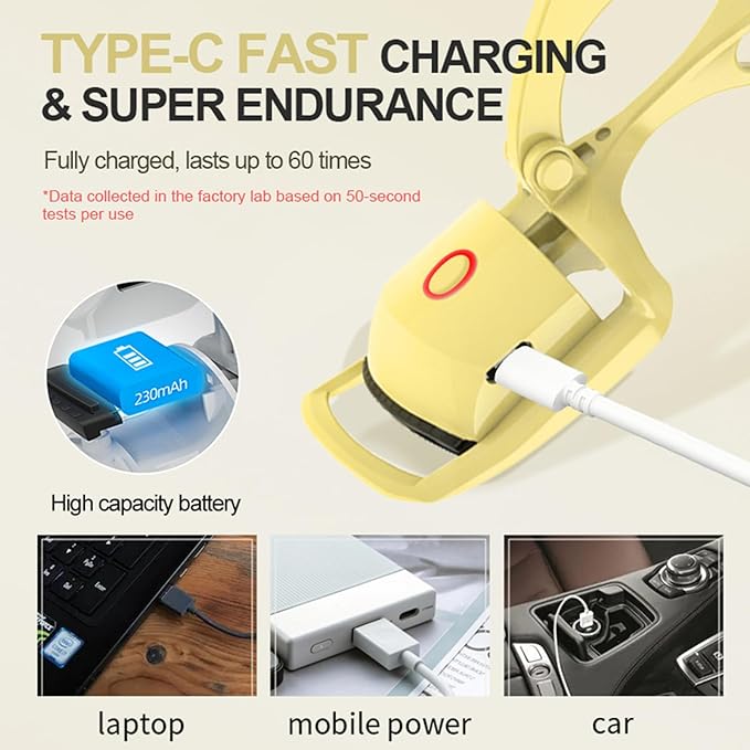 Heated Eyelash Curler, Fast 5s Heat up, 24 Hours Long Lasting, Rechargeable Electric Lash Curler, Temperature Control, Safe Anti-Burn Eye Lash Curler, Quick Natural Curling Lashes (Yellow)