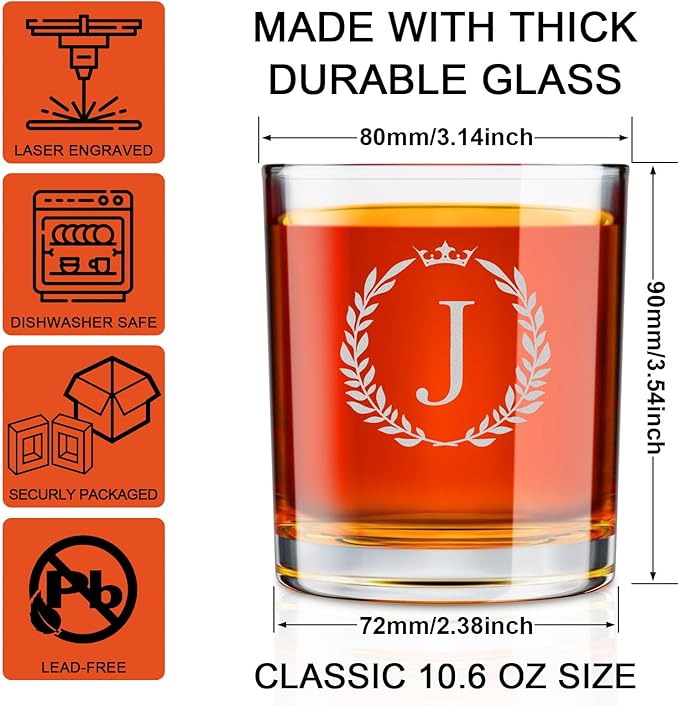 Personalized Whiskey Glasses Gifts for Men, Monogrammed Engraved A-Z 10.6 oz Rocks Glass Customized Gift, Unique Christmas Birthday Gifts for Men Him Dad Husband Brother Son (J)