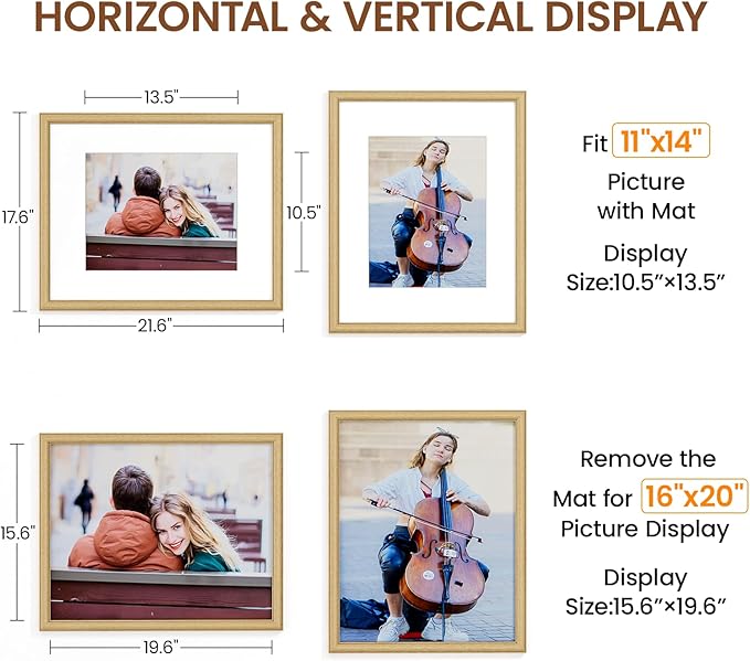 Natural Oak 16x20 Picture Frames Mat to 11x14 Picture Display,Original Wood Handcrafted Poster Frame,Wooden Frame 16x20 with Tempered Glass Graduation Family Wedding Photo Wall Mounted