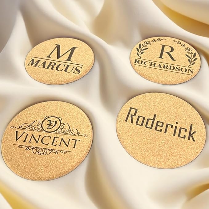 Set of 5 Personalized Custom Monogram Cork Coasters, Custom Wedding, Housewarming Gifts, Promotional Giveaways (Design #4)