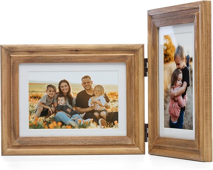 Horizontal & Vertical 5X7 Picture Frames Double Hinged Wood Folding Photo Frames with Real Glass Front Fit for Desktop or Tabletop Display Pictures 4x6 with Mat or 5x7 Without Mat, Wood Grain
