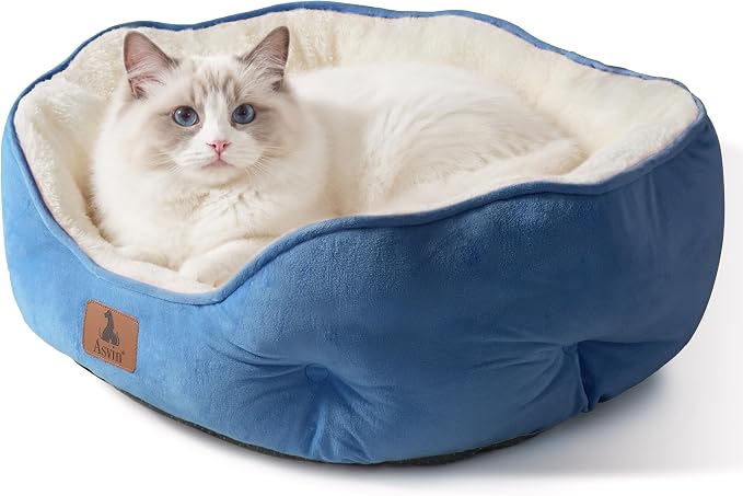 Asvin Small Dog Bed for Small Dogs, Cat Beds for Indoor Cats, Pet Bed for Puppy and Kitty, Extra Soft & Machine Washable with Anti-Slip & Water-Resistant Oxford Bottom, Light Blue, 20 inches