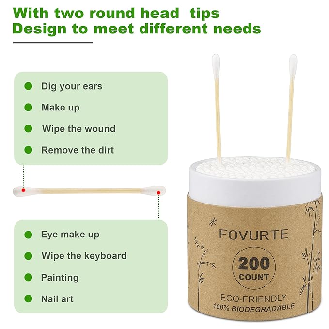 Bamboo Cotton Swabs 400 count, Organic Cotton Swab Round Tips, Natural Wooden Cotton Buds for Ears, Double Heads Ear Sticks Travel, Makeup Remover