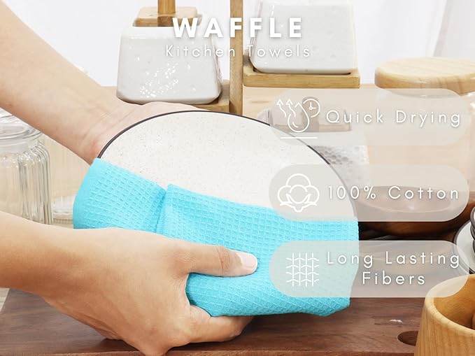 PurpleEssences Waffle Weave Kitchen Towel, 100% Cotton, 15x25 Inches, with Hanging Loop Ultra Soft Absorbent Quick Drying Dish Cloth, Tea and Hand Towels, 6 Pack - Christmas Holiday Winter - Aqua Blue