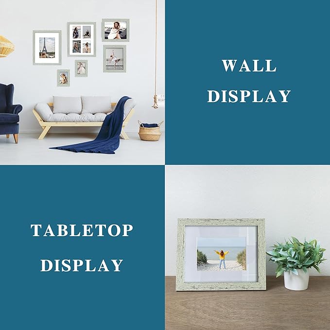 8x10 Picture Frame Set of 2, Made of Real Glass and Sage Green Wooden Frame - Display Picture 5x7 with Mat or 8x10 Without Mat, 8 by 10 Photo for Wall or Tabletop