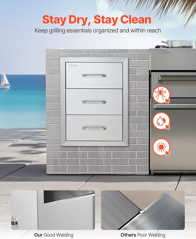 VEVOR Outdoor Kitchen Drawer 16" W x 21.5" H x 18" D, Outdoor Kitchen Cabinets, BBQ Drawer Stainless Steel, Flush Mount Triple Access, with Handle, BBQ Island, Outdoor Grill Patio Grill Station