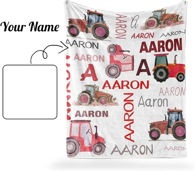 Personalized Tractors Blanket - Custom Name with Farm Tractor Trucks Design - Soft Plush Flannel Bed Blanket for Baby Kid Teen Boys Girls Customized Gifts White & Red