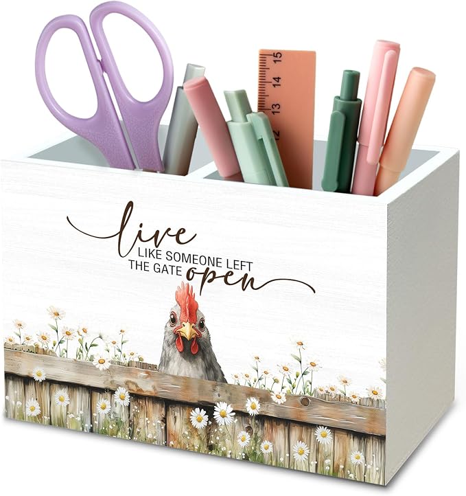 DILSJ Inspirational Chicken 2 Compartment Pen Pencil Holder Organizer for Desk, Chicken Lovers Gifts for Women, Live Like Someone Left The Gate Open Wooden Box Signs for Home Office & School Supplies