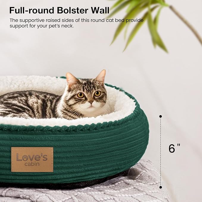 Love's cabin Round Donut Cat and Dog Cushion Bed, 20in Pet Bed for Cats or Small Dogs, Anti-Slip & Water-Resistant Bottom, Super Soft Durable Fabric Pet beds, Washable Luxury Bed Dark Green