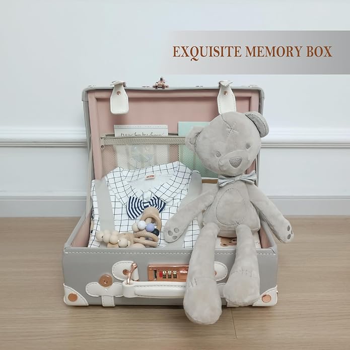 Unitravel Baby Keepsake Case, Handmade Memory Storage Box, Newborn Keepsake Box, Vintage Suitcase for Baby Shower, Baptism, Naming Ceremony or Birthday