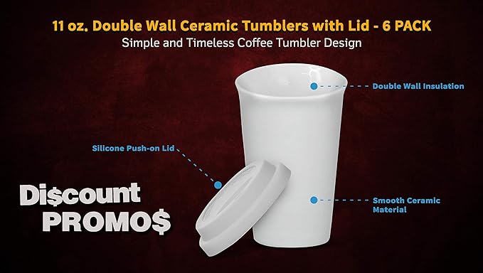 DISCOUNT PROMOS 11 oz. Double Wall Ceramic Tumblers with Lid - 6 Pack - White