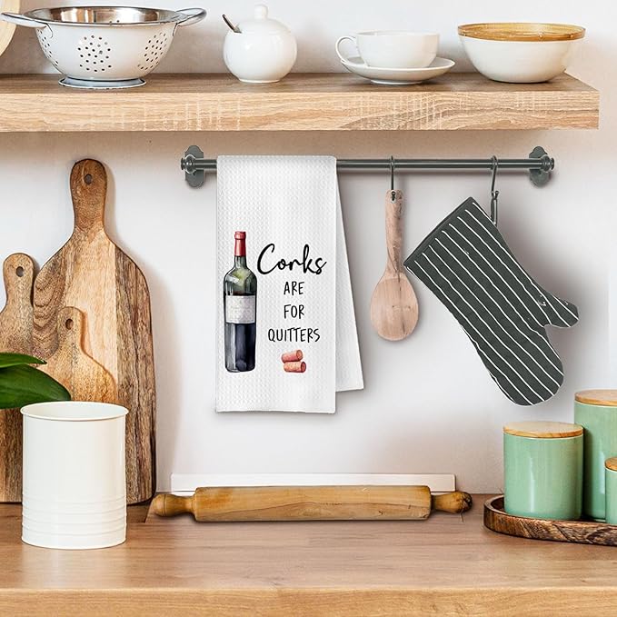 Corks are for Quitters Funny Wine Kitchen Towels, Dish Tea Towels for Home Bar Decor, Wine Kitchen Decor, Funny Saying Decorative,16x24 Inches
