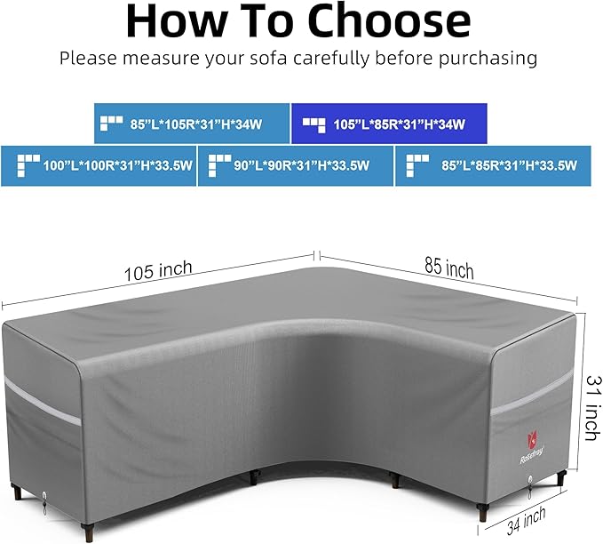 Rosefray Outdoor L-Shaped Sectional Cover-600D Patio Sectional Sofa Cover, Waterproof Furniture Covers for Deck, Lawn,Backyard 105”x85”Right Facing Gray